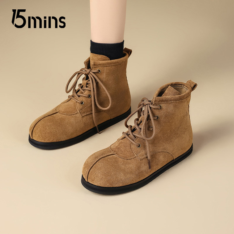 15mins时尚复古短靴女2025秋季新款圆头平底工装靴系带短筒马丁靴,女鞋,时装靴,淘宝优惠券,粉丝福利购,淘宝优惠卷