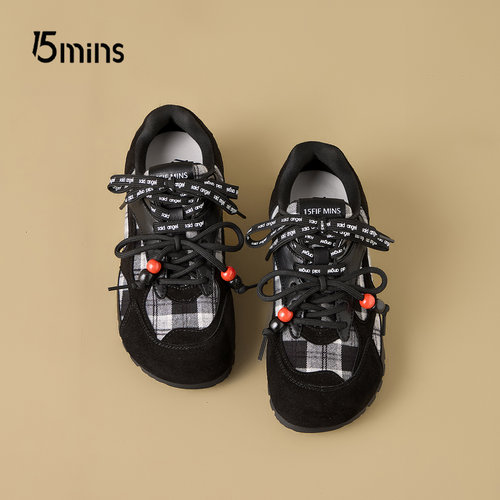 15mins复古格子德训鞋女串珠板鞋