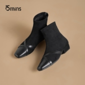 粗跟绒面瘦瘦靴复古保暖靴子 冬季 15mins黑色加绒短靴女款 2026新款