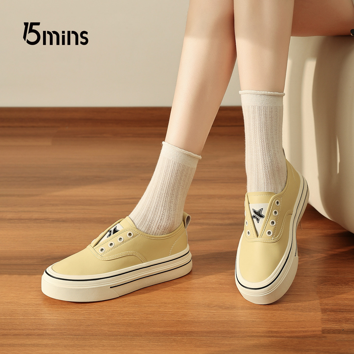 15mins厚底小白鞋女款2026新款春季一脚蹬板鞋百搭休闲鞋帆布鞋子