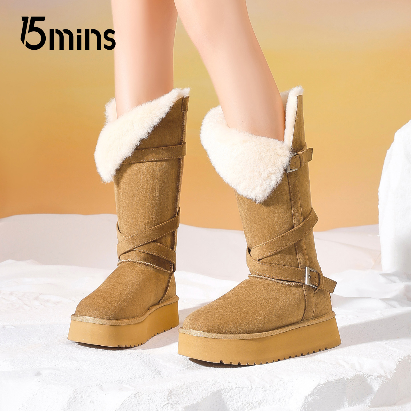15mins厚底高筒雪地靴女2025冬季