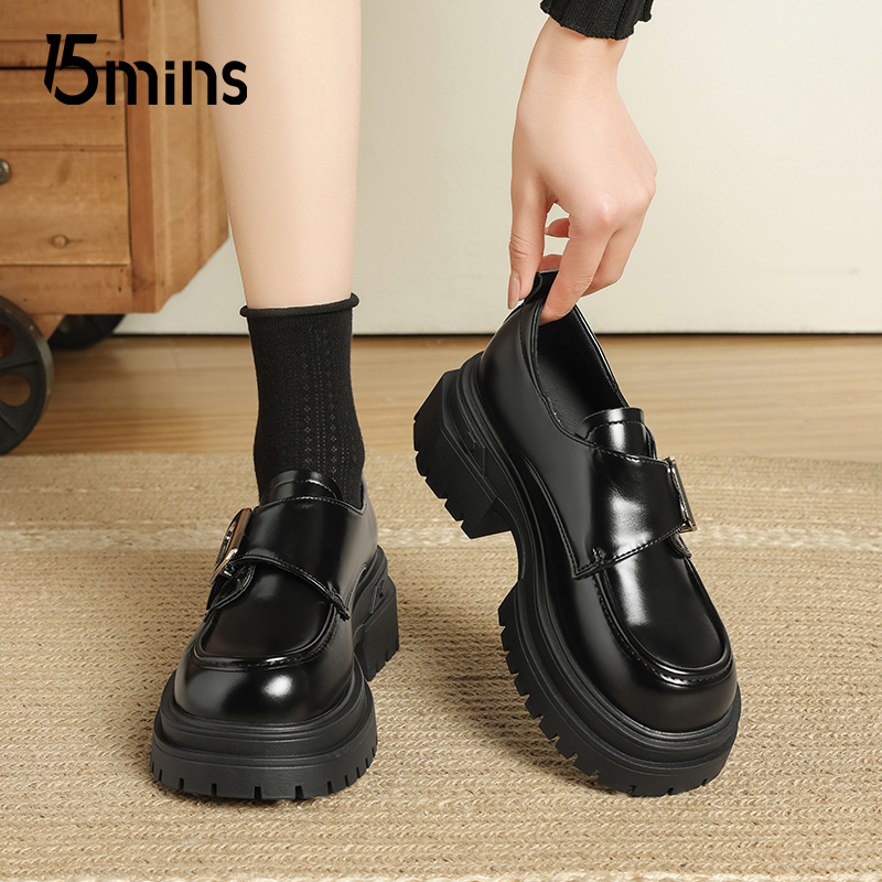 15mins黑色亮面乐福鞋女2025秋