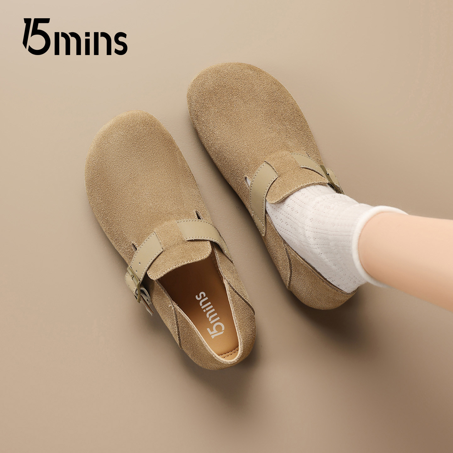 15mins反绒皮勃肯鞋女2025新款秋冬一脚蹬乐福鞋软底舒适百搭单鞋,女鞋,勃肯鞋/软木鞋,淘宝优惠券,粉丝福利购,淘宝优惠卷