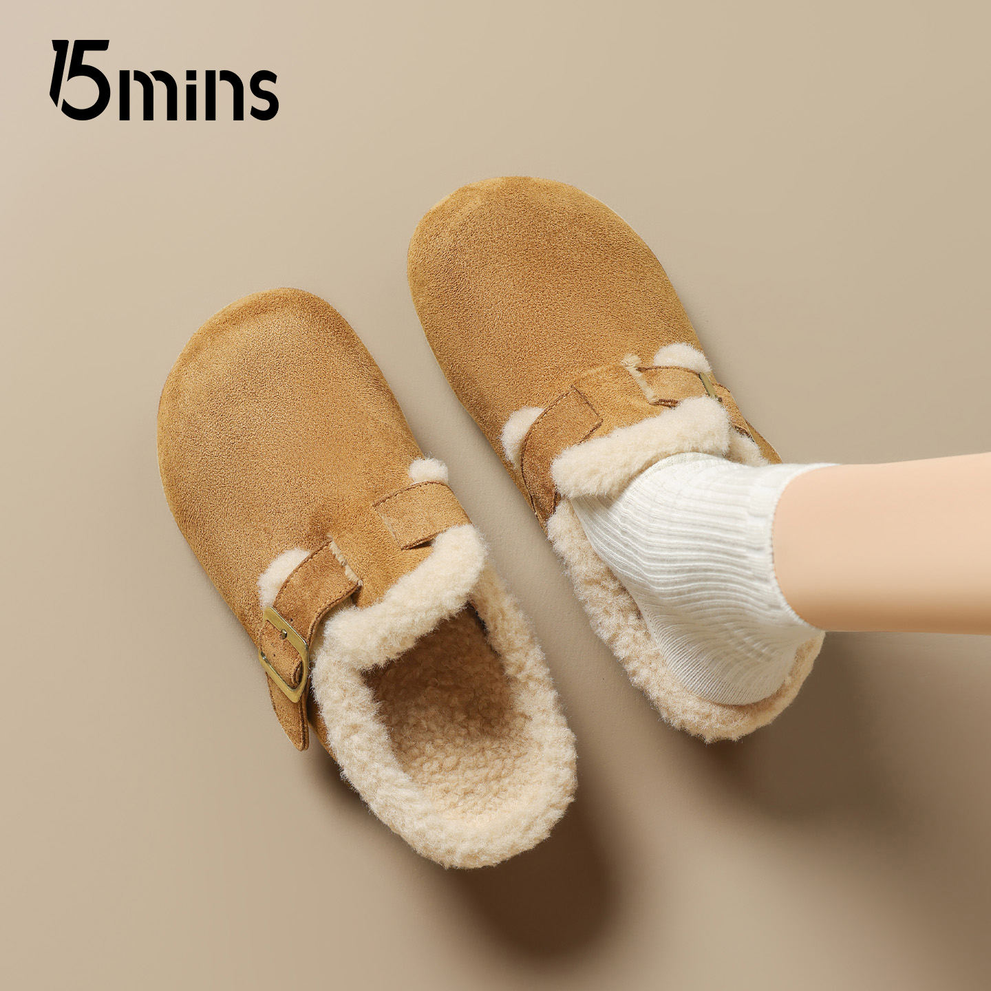 15mins勃肯鞋女加绒包头毛毛鞋