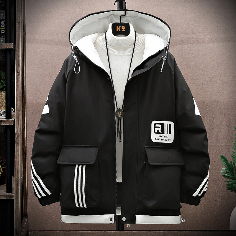 潮牌连帽休闲短款拼色羽绒服男