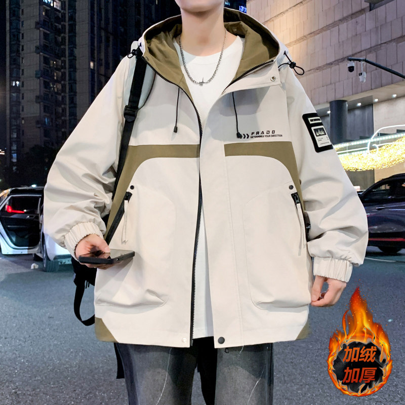 秋冬季冲锋衣外套男初中高中学生加绒加厚羽绒服青少年大童冬装潮