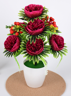 仿真花10头大朵带叶红色果组合假花客厅装饰室内摆放绢花盆栽插花