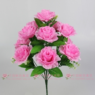 饰摆件婚庆假花绢花塑料花干花 仿真花玫瑰花12头碎边玫花束客厅装