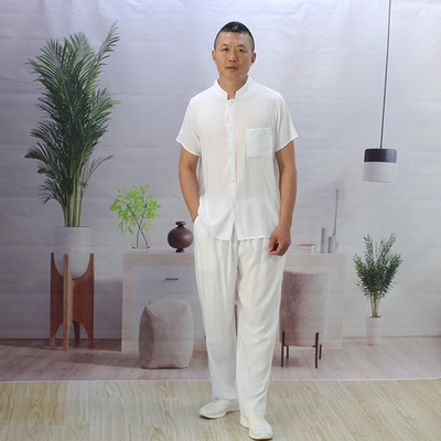 人造棉套装男士立领短袖