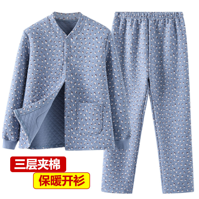 中老年人三层夹棉睡衣睡裤妈妈前开扣保暖开衫上衣老太太家居套装