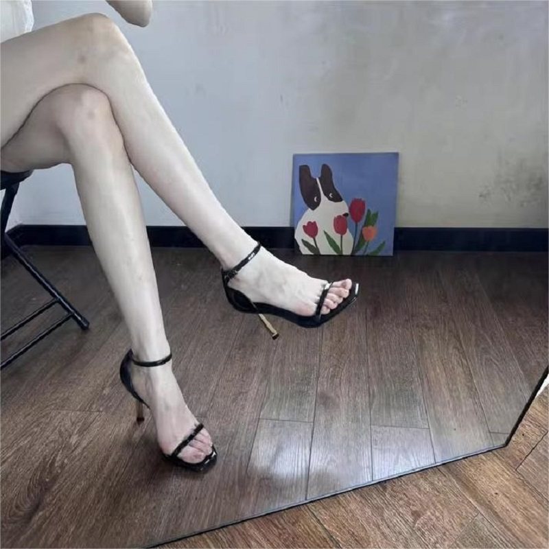 2025年夏季新款方头一字带扣黑色漆皮高跟鞋女细跟黑色百搭凉鞋女,女鞋,一字带凉鞋,淘宝优惠券,粉丝福利购,淘宝优惠卷