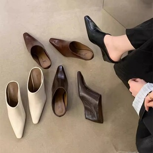 2026夏天新款配阔腿裤的鞋子一脚蹬高跟包头坡跟拖鞋女外穿半拖