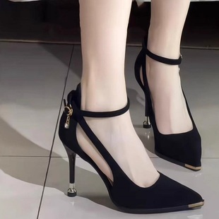 绒面黑色高跟鞋女成人礼加快加肥尖头气质单鞋胖款职业工作鞋大码