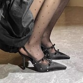 绝美高跟鞋 后空 波点水钻一字带凉鞋 女2025春夏新款 黑色尖头细单鞋