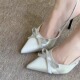包头绝美凉鞋 细跟蝴蝶结法式 女 银色温柔缎面尖头高跟鞋 新款