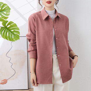 免烫抗皱宽松长袖 外套女秋冬季 衬衣 灯芯绒磨毛玫粉色衬衫 高端厚款