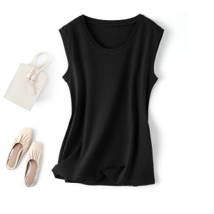 夏圆u领鸡心v领 t恤打底衫 80支双面精梳丝光棉宽肩砍袖 背心女无袖