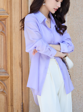 紫色高级感大码防晒莱赛尔天丝衬衫女轻薄夏凉感宽松外搭衬衣外套