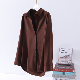 设计感打底衬衣 叠穿长袖 抗皱咖色灯芯绒磨毛衬衫 女加厚通勤秋冬季