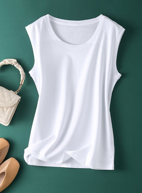 重磅80支双面丝光棉背心无袖t恤女白色圆领V领夏季宽松坎肩打底衫