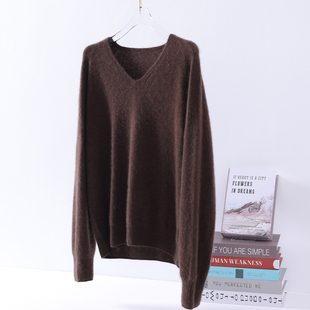 套头毛衣 V领保暖打底衫 高奢无缝一体拉绒羊绒羊毛衫 女咖色秋冬季