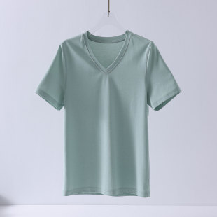 Gaopzhi桑蚕丝铜氨棉凉感宽松V领绿色短袖 休闲百搭体恤 T恤女夏季
