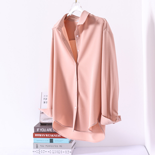 高级感抗皱免烫叠穿粉色棉衬衫 女士春秋打底通勤百搭弹力白衬衣