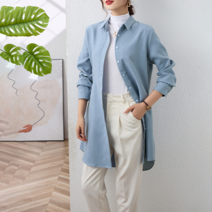 宽松衬衣 女加厚外套秋冬季 免烫抗皱长款 遮屁股蓝色灯芯绒磨毛衬衫