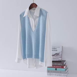 高端羊绒针织V领马甲背心女蓝色秋冬坎肩羊毛衫叠穿无缝一体毛衣