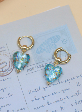 MYZOO夏日冰蓝色心形圆形耳环甜美琉璃爱心耳坠小众耳圈百搭耳饰