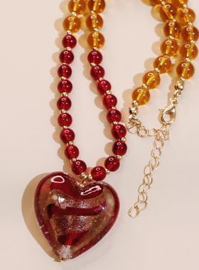 myzoo夸张大爱心红色条纹项链琉璃串珠复古欧美锁骨链配饰女生