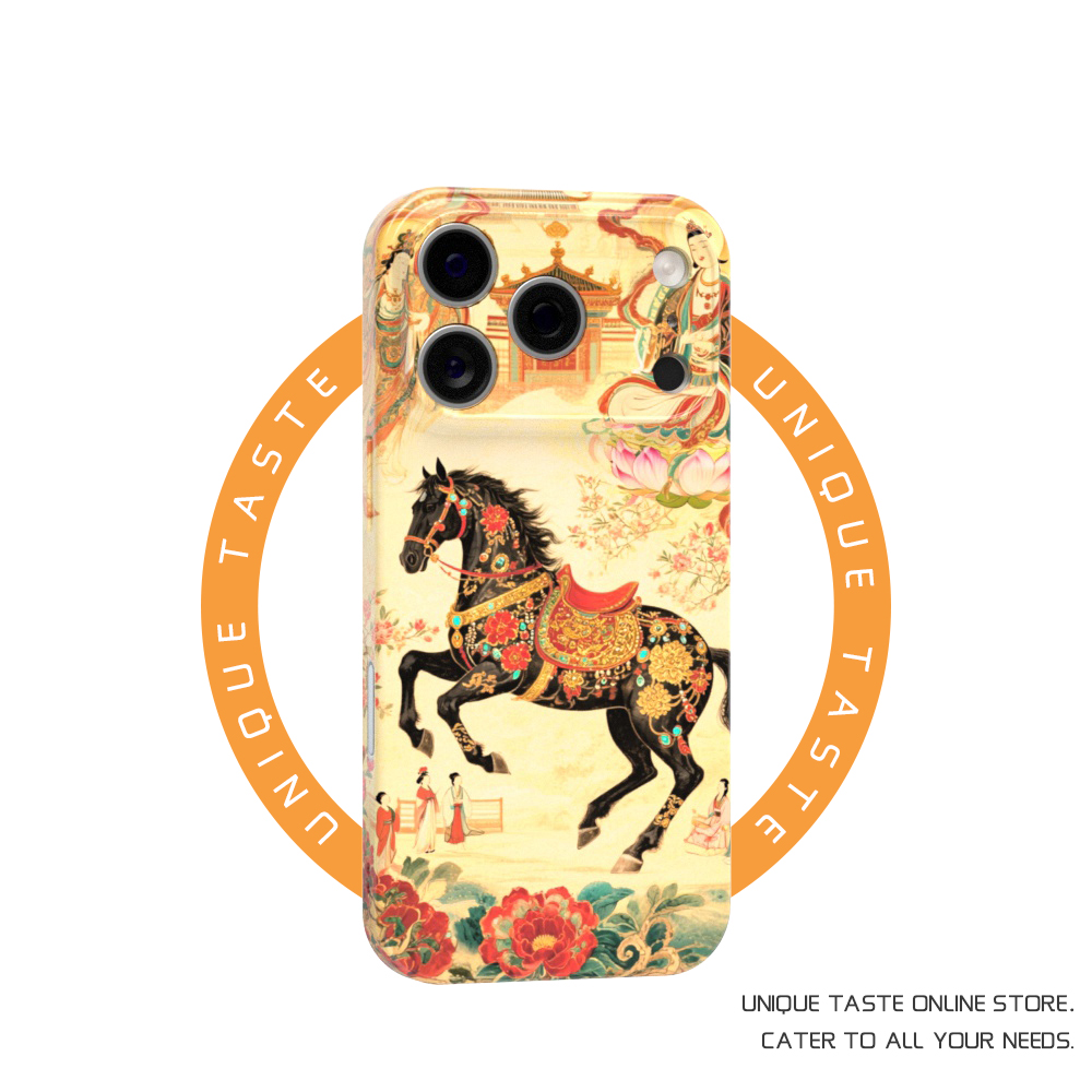 黑色骏马适用iPhone17promax苹果16小米15中国风mate70华为p80nova荣耀400敦煌壁画12手机壳11一加13红米vivo