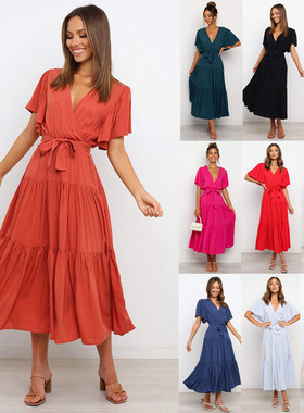 欧美风v领亚马逊新款纯色短袖连衣裙大摆型12色4码波西米亚连衣裙