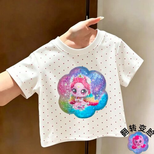 奇妙萌可变色女童纯棉短袖t恤中小童波点洋气卡通宝宝半袖上衣潮