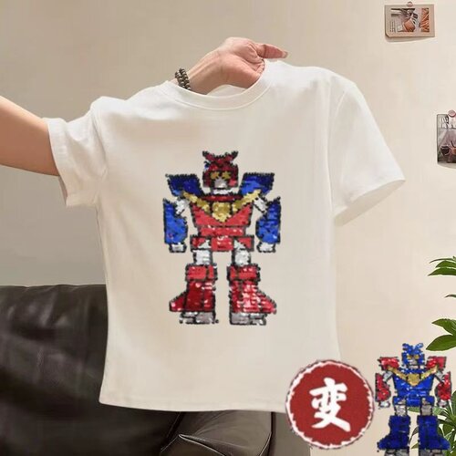 变形金刚机器人变色亮片儿童短袖夏季纯棉宽松T恤衫半袖打底上衣