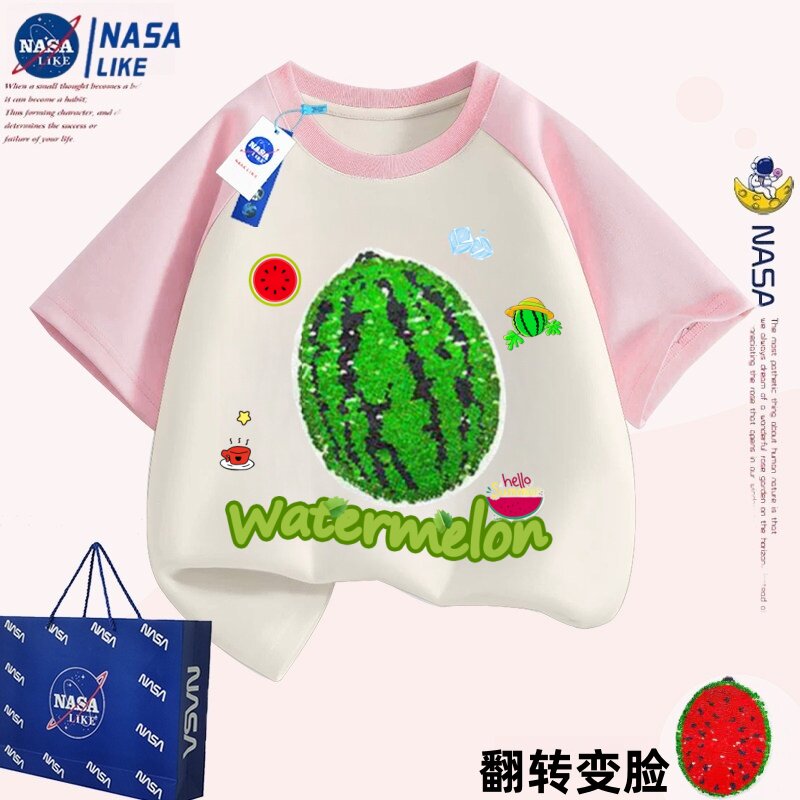 NASA变色西瓜衣服男童短袖t恤纯棉夏季儿童夏装女孩炸街痞帅上衣