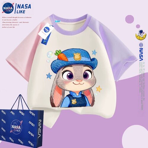 NASA兔子警官印花仿刺绣疯狂动物城短袖t恤纯棉潮牌女童儿童上衣