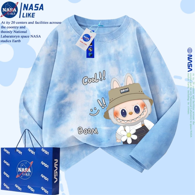 NASA拉布布labubu潮牌纯棉扎染长袖t恤春秋卡通打底宽松上衣儿童