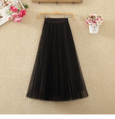 网纱裙百褶半身裙秋冬女中长款高腰显瘦勾花镂空蕾丝A字仙女裙子