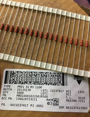 100只=8元 VISHAY 220R 220欧 1W PR01 铜脚金属膜电阻器