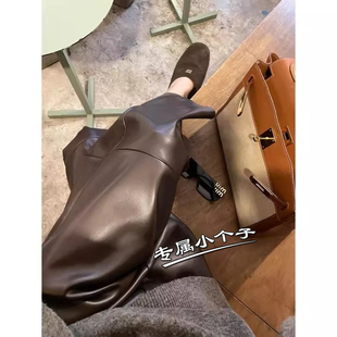 150九分小个子加绒pu皮咖色阔腿裤女秋冬季八分蛋白皮直筒休闲裤8