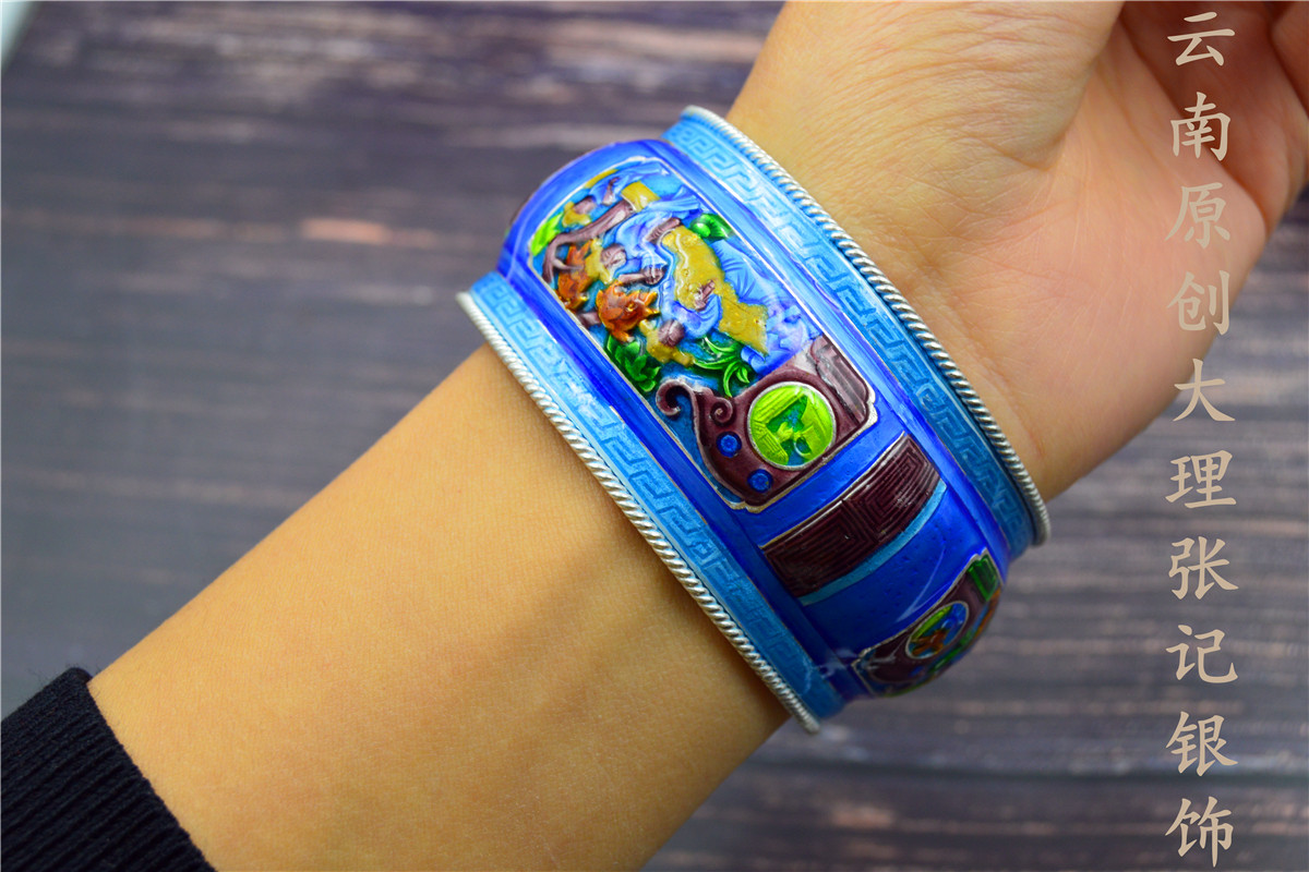 中国古典民族风原创手工雕花拉丝琴棋书画珐琅烧蓝景泰蓝老式银镯