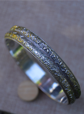 古法手工民族风双轨道复古实心银手镯足银女款定制闭口老式银镯子