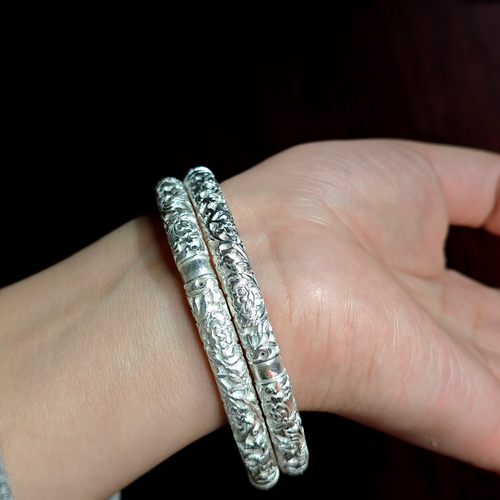 原创牡丹镂空烧蓝复古女响银手镯