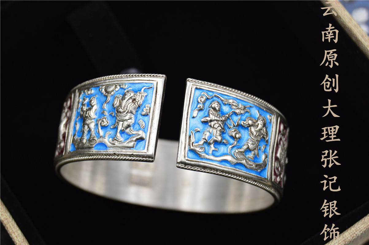 传统古法手工拉丝复古原创实心开口珐琅烧蓝景泰蓝人物绞丝银手镯