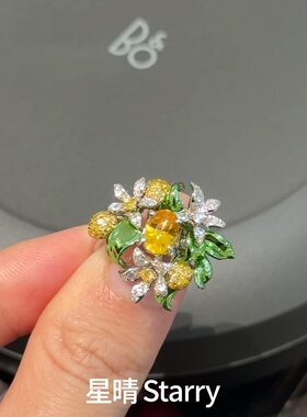 复古轻奢珐琅彩宝花朵镶钻开口戒