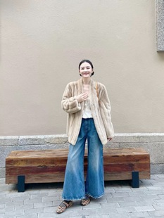 娜娜家环保貂系列温婉风v领抽刀纹中长宽松仿水貂毛毛外套女冬