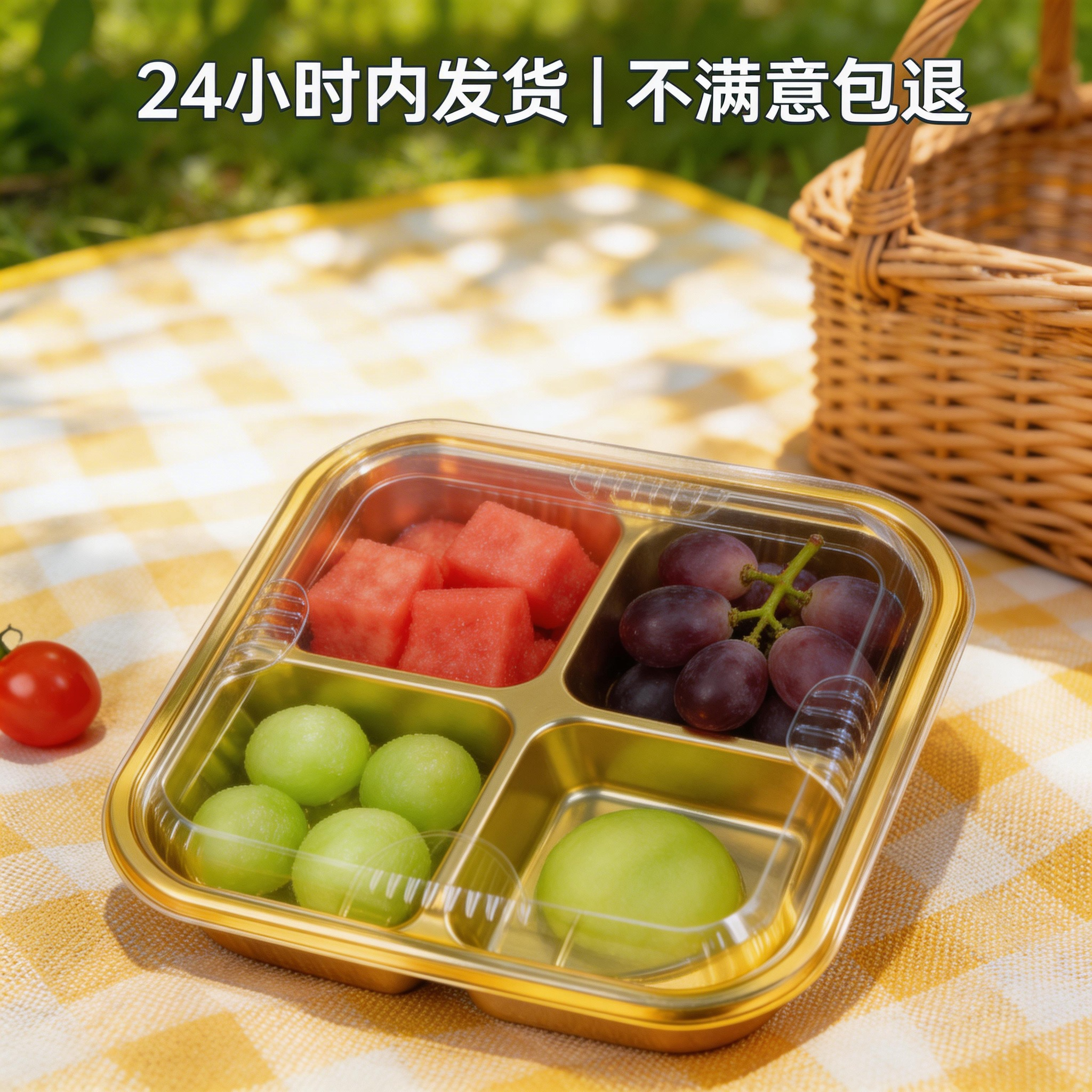 金色四宫格一次性水果拼盘盒分格加厚带盖果切盒干果盘零食甜品