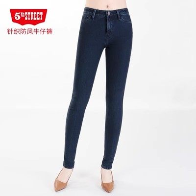第五街特价女装修身针织防风中腰加厚加绒保暖牛仔裤冬114886-174