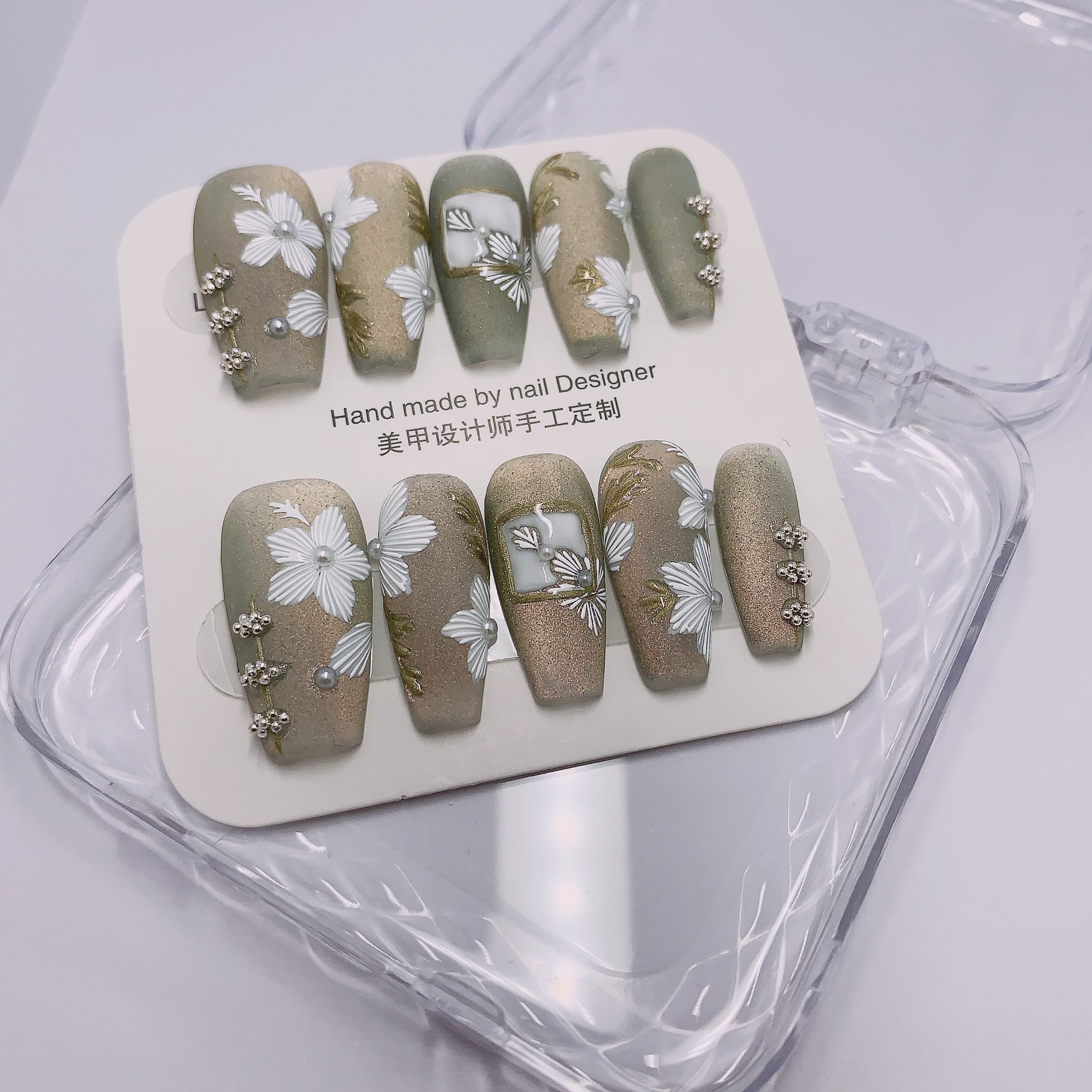 浅浅时光刺绣渐变色猫眼手绘穿戴甲成品美甲可重复使用甲片